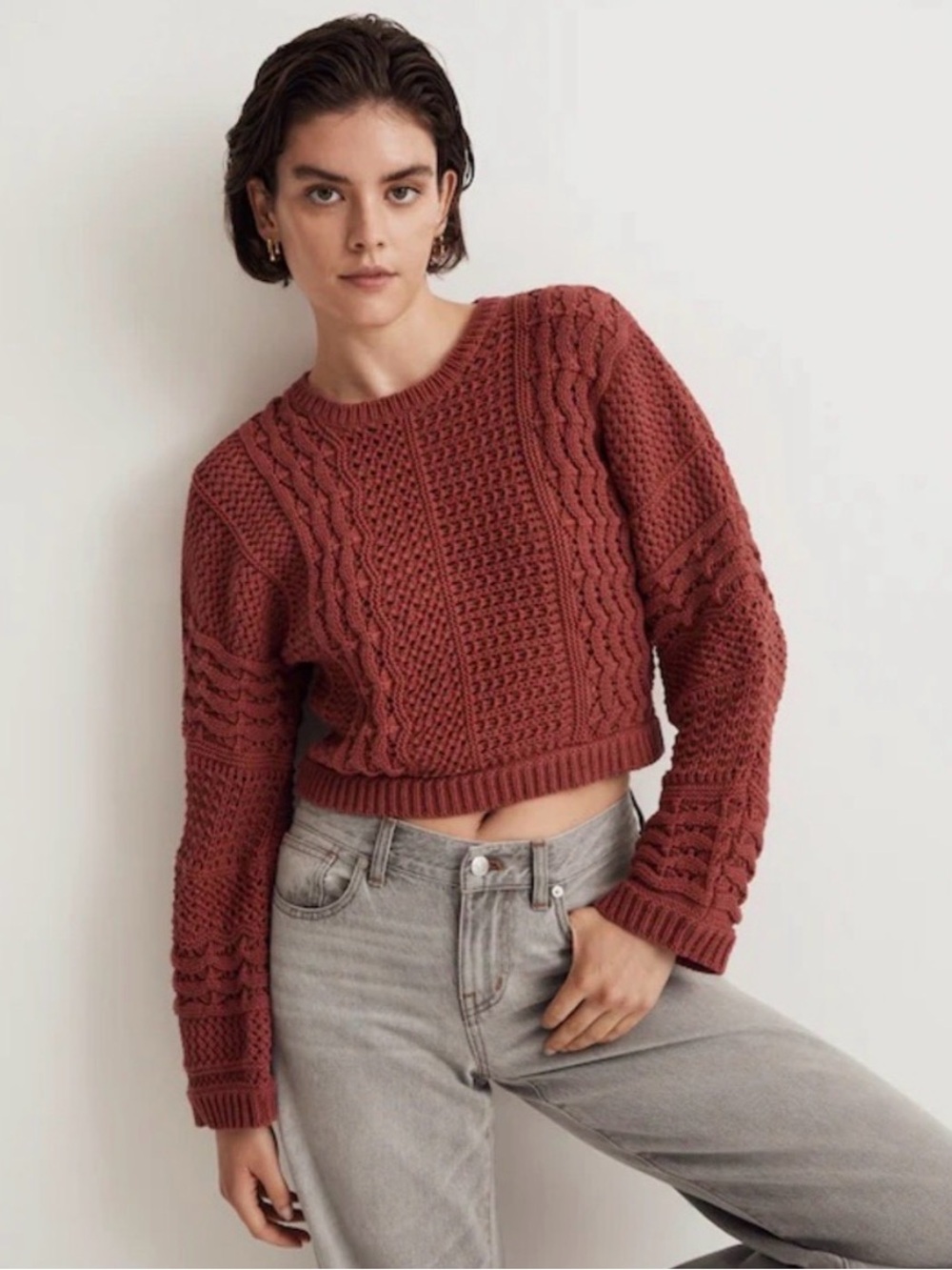 MADEWELL Crochet-Knit Crop Sweater in Antique Rose  - Medium